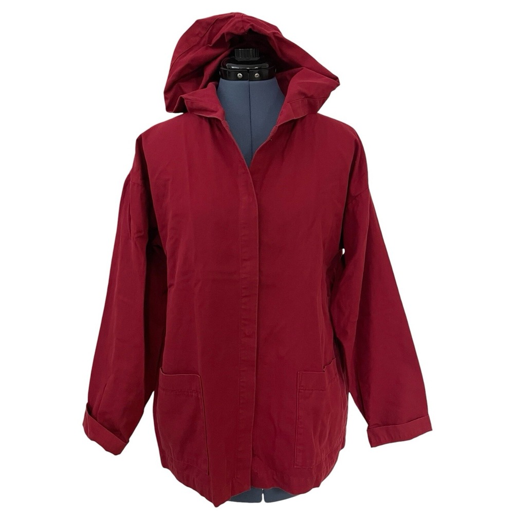 Eileen Fisher‎ Red Hooded Snap up Longsleeve Jacket Chore Coat Preppy School XS
